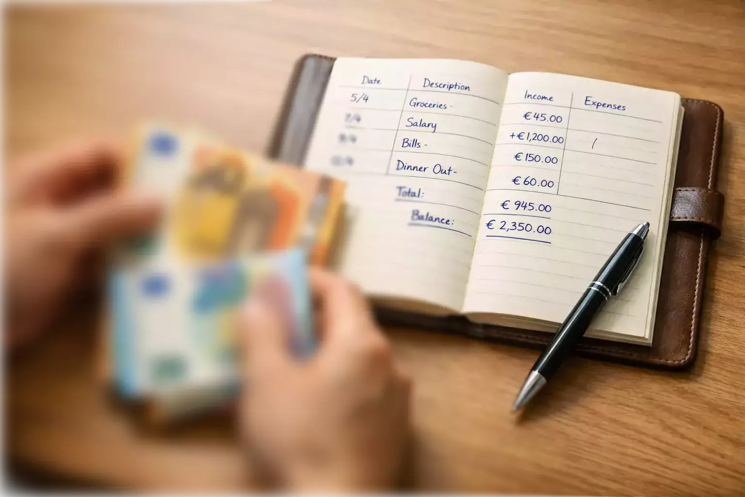 Bankroll Management: Hand mit Euro-Scheinen und Notizbuch für Wetteinsätze