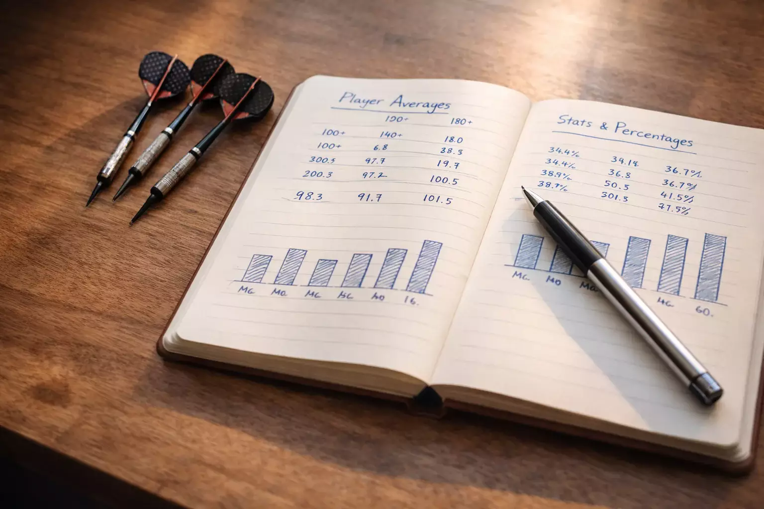 Darts Statistiken: Notizblock mit Average und Checkout-Quote neben Dartpfeilen