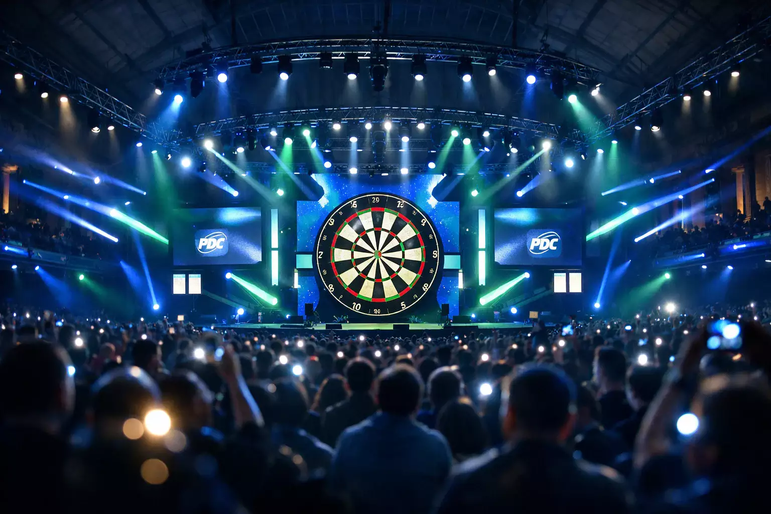 PDC Weltmeisterschaft: Alexandra Palace Bühne mit jubelnden Fans